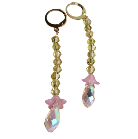 Hand Crafted Jewelry - 18K Gold Plated Frosted Acrylic Flower AB Crystal Faceted Bicone  Huggie Earring